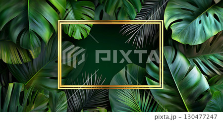 Lush Green Tropical Background with Golden Frame 130477247