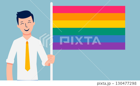 Hand drawn illustration man holding lgbt flag 130477298