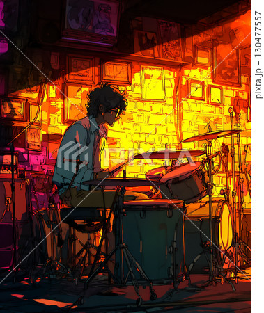 ドラマーが演奏するジャズバーの夜景 130477557