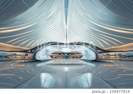 Futuristic airport terminal featuring flowing symmetrical lines and a sleek design with bright illumination Futuristic airport terminal featuring flowing symmetrical lines and a sleek design with bright illumination 130477814