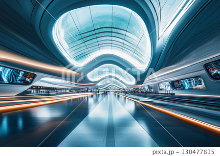 Futuristic airport terminal featuring flowing symmetrical lines and a sleek design with bright illumination 130477815