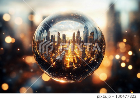 Futuristic city enclosed in a glowing sphere with reflections of skyscrapers and sunset over urban landscape 130477822