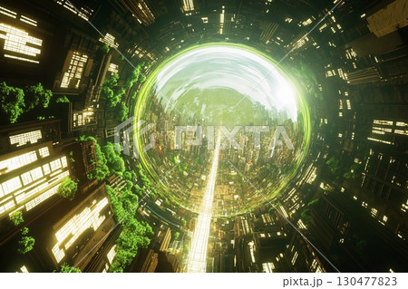 Futuristic city enclosed in a glowing sphere with reflections of skyscrapers and sunset over urban landscape 130477823