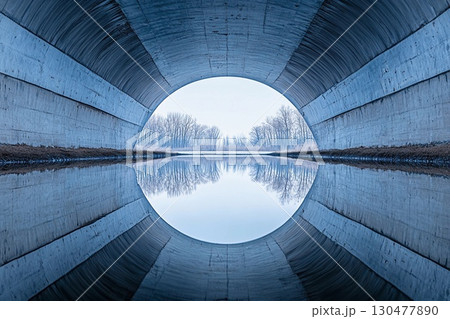 Vaulted bridge structure creates stunning mirror reflection beneath in calm water during early morning light 130477890