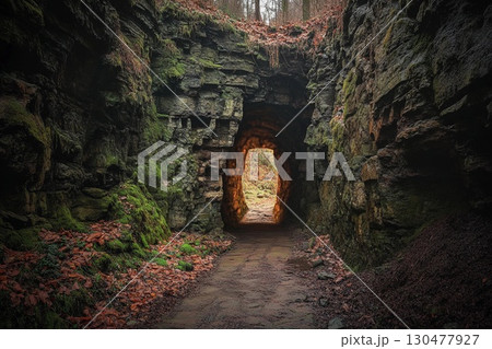 Majestic portal to another world glows amidst ethereal landscape with rolling clouds and sunlit greenery 130477927
