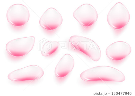 Pink water drops on white background. 3d jelly serum and cosmetic transparent oil. Liquid gel and cream for skincare. Vector soap bubbles of shampoo and shower gel. 130477940
