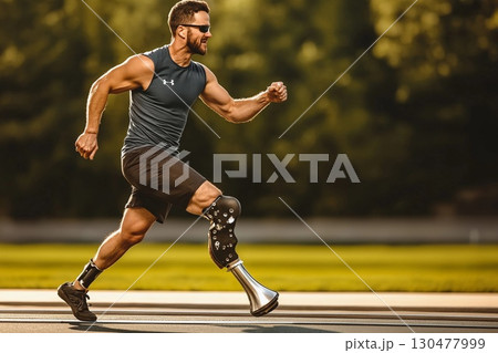 Close-up of person with prosthetic leg walking on court during sunset, highlighting resilience and strength in athletic pursuit Close-up of person with prosthetic leg walking on court during sunset, highlighting resilience and strength in athletic pursuit 130477999
