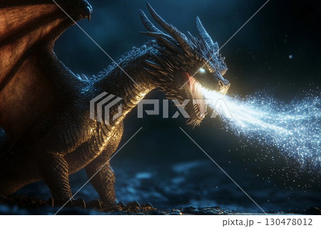Majestic dragon illuminates the night sky with waves of light, transforming darkness into radiant day 130478012
