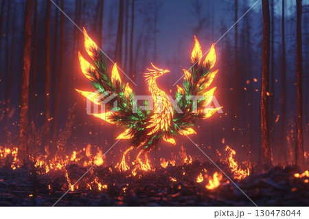 Glowing phoenix made of vibrant plants rises majestically from the ashes in a mystical, enchanted forest setting at sunrise Glowing phoenix made of vibrant plants rises majestically from the ashes in a mystical, enchanted forest setting at sunrise 130478044