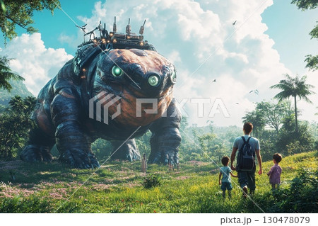 Family enjoys a peaceful moment with large genetically engineered animal in a vibrant landscape at sunset Family enjoys a peaceful moment with large genetically engineered animal in a vibrant landscape at sunset 130478079