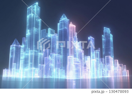 Holographic cityscape featuring towering glass skyscrapers illuminated in a futuristic urban setting Holographic cityscape featuring towering glass skyscrapers illuminated in a futuristic urban setting 130478093