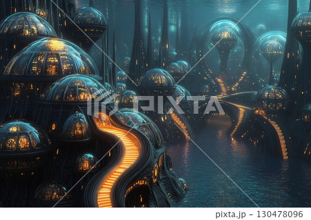 Symmetrical underwater city features bubble-like domes and illuminated pathways creating a serene aquatic environment 130478096