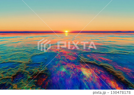 Sunset over a glowing sea creates a vibrant reflection of colors at the horizon 130478178