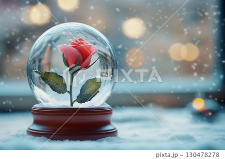 Frozen rose encased in delicate snow globe on a snowy background 130478278