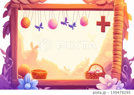 Colorful puppet theater frame with marionette display and decorative easter eggs in spring setting 130478295