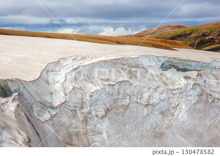 Explore the stunning glacier landscape of Iceland under dramatic skies 130478582