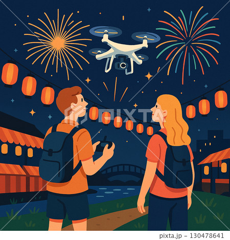 花火大会でドローン空撮を行う観光客 130478641