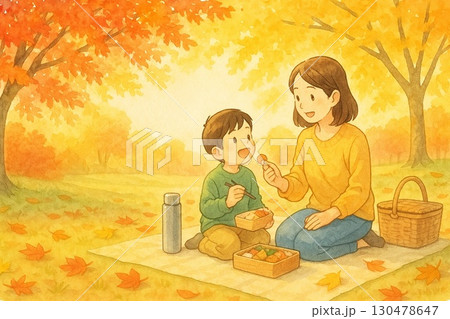 秋の紅葉を楽しむ親子のピクニックイラスト 130478647