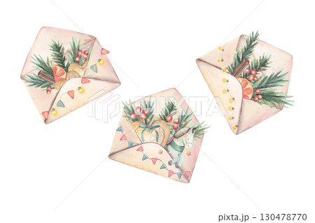 Banner with envelopes filled with holiday elements: pine, toy horse, oranges, stars, cinnamon sticks, decorated with garlands. Hand-drawn illustration isolated on white for cards, wrapping, posters Banner with envelopes filled with holiday elements: pine, toy horse, oranges, stars, cinnamon sticks, decorated with garlands. Hand-drawn illustration isolated on white for cards, wrapping, posters 130478770