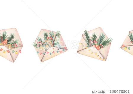 Seamless border with envelopes filled with holiday elements: pine, toy horse, oranges, stars, decorated with garlands. Hand-drawn clipart isolated on white for cards, wrapping, posters, textiles Seamless border with envelopes filled with holiday elements: pine, toy horse, oranges, stars, decorated with garlands. Hand-drawn clipart isolated on white for cards, wrapping, posters, textiles 130478801