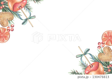 Horizontal frame with caramel apple, cookie, orange slice, berry, bows, fir branches. Hand-drawn border, clipart isolated on white for holiday cards, invitations, prints, posters, festive decor 130478813
