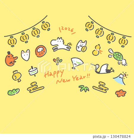 白馬と正月のお祭り風の和風かわいい年賀状　2026 正方形・SNS・Insta用 130478824