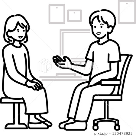 診察室で話す医者と患者のイラスト 線画のみ 診察室で話す医者と患者のイラスト 線画のみ 130478923