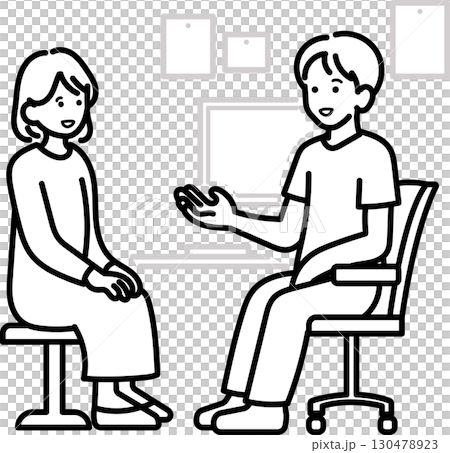 診察室で話す医者と患者のイラスト 線画のみ 診察室で話す医者と患者のイラスト 線画のみ 130478923