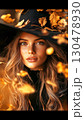 Enchanting woman sporting wavy auburn hair, freckled complexion, black witch hat adorned with autumn foliage, embodying seasonal mystique and creative Halloween inspired imagery 130478930