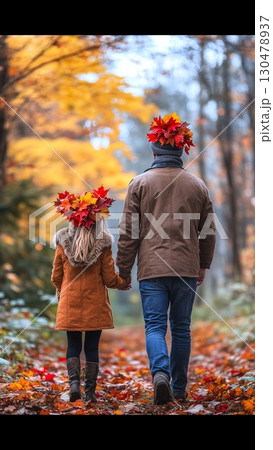 Father and young daughter walking hand in hand through golden forest, wearing maple leaf crowns, sharing warm autumn moment surrounded by vibrant fall colors 130478937