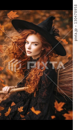 Redheaded witch standing in autumn woodland, gripping magical broom, surrounded by drifting leaves, radiating mystical enchantment and supernatural allure 130478958