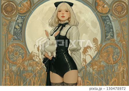 アール・ヌーヴォー風の装飾背景に満月を背にしたバニースーツ姿の女性と白い兎の幻想的イラスト アール・ヌーヴォー風の装飾背景に満月を背にしたバニースーツ姿の女性と白い兎の幻想的イラスト 130478972