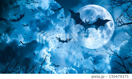 Halloween moon and cloud with bat. 130479375