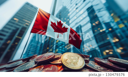 Canada flag with bitcoin money in front of  modern building city. 130479376