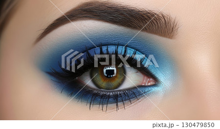 A high-detail, professional close-up photograph of a female eye with perfectly blended blue eyeshadow, showcasing professional makeup artistry A high-detail, professional close-up photograph of a female eye with perfectly blended blue eyeshadow, showcasing professional makeup artistry 130479850
