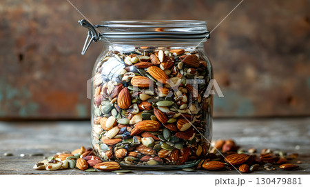 Brain nourishing food; Mixed nuts and seeds in a glass jar brain-boosting 130479881
