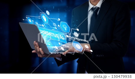 Businessman in Suit Demonstrating Concept of Generative AI and Machine Learning with Laptop Displaying Futuristic Interface and Data Visualization. Tessel 130479938