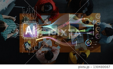 People Engaging in Collaborative Meeting with Advanced Technology Concept Displaying AI Integration Over Tabletop Workspace Environment. Raster 130480087