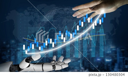 Futuristic Technology Concept Featuring a Robotic Hand Reaching Out to Human Hand Against a Background of Financial Growth and Data Visualization Copula 130480304