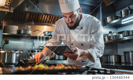 Food Technology, Chef controlling a smart stove with a tablet in a tech-enabled kitchen 130480344