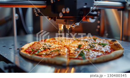 Food Technology, Close-up of a 3D printer creating a slice of pizza 130480345