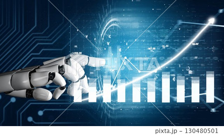 Futuristic Robot Hand Interacting with Digital Graphs and Data Analytics in a High-Tech Environment Representing Growth and Innovation Copula 130480501