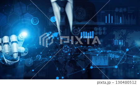Futuristic Business Professional Interacting with Digital Technology and Data Visualization in a Modern Workspace Setting xenic 130480512