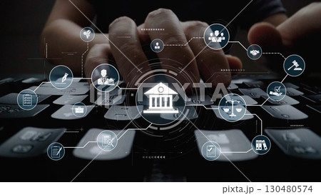 Digital law interface displaying justice scale, highlighting digital law Muxer 130480574