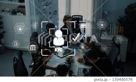 Business Meeting Focused on Know Your Customer (KYC) Processes with Digital Technology and Team Collaboration in Modern Office Environment. Raster 130480576