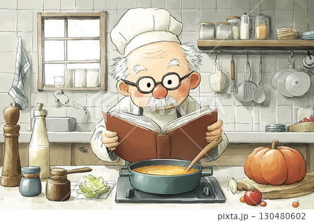 秋の料理イベントでかぼちゃスープを作る高齢男性 130480602