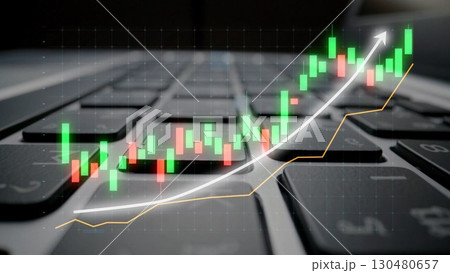 Stock Market Data Visualization With Keyboard, Candlestick Chart, Financial Growth Trend, Investment Analysis, Bullish Signals and Digital Environment Copula 130480657