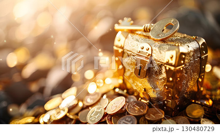 Golden key placed atop a treasure chest symbolizin 130480729