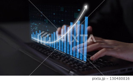 Business analytics visualization with hands typing on a laptop, digital graph with upward trend, data analysis, technology, financial growth concept Copula Business analytics visualization with hands typing on a laptop, digital graph with upward trend, data analysis, technology, financial growth concept Copula 130480816