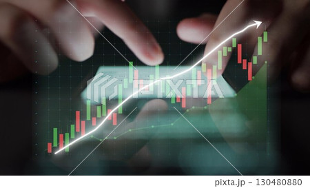 Close-up View of Hands Analyzing Financial Data with Stock Market Graphs on a Digital Device for Investment Strategies and Economic Trends Copula 130480880